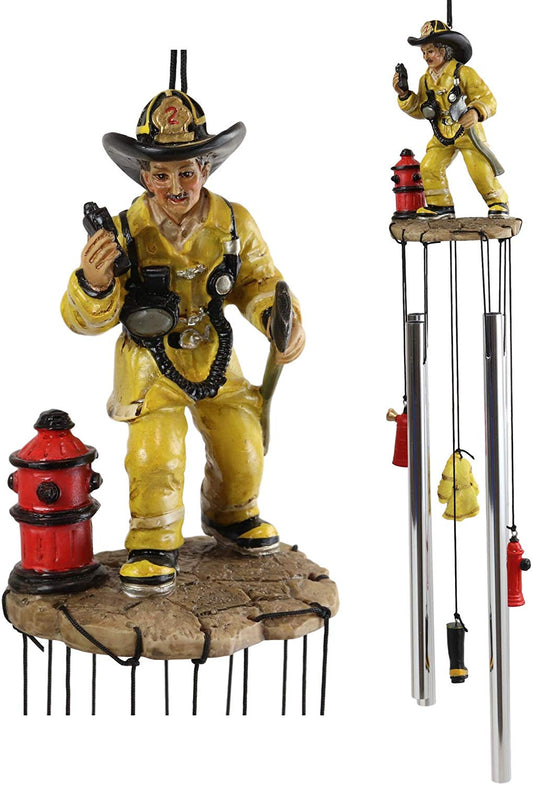 Ebros Gift Yellow Gear Outfit Fireman in Line of Duty with Axe and Red Hydrant Resonant Relaxing Wind Chime Patio Garden Accent of Fire Fighters Hydrants 911 Emergency Civil Service - Ebros Gift