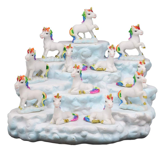 Ebros Magical Clear Blue Sky Clouds Terrace Castle Display Stand Figurine with 12 Miniature Rainbow Unicorns with Golden Horns Decorative Fairy Garden Accent Centerpiece Set
