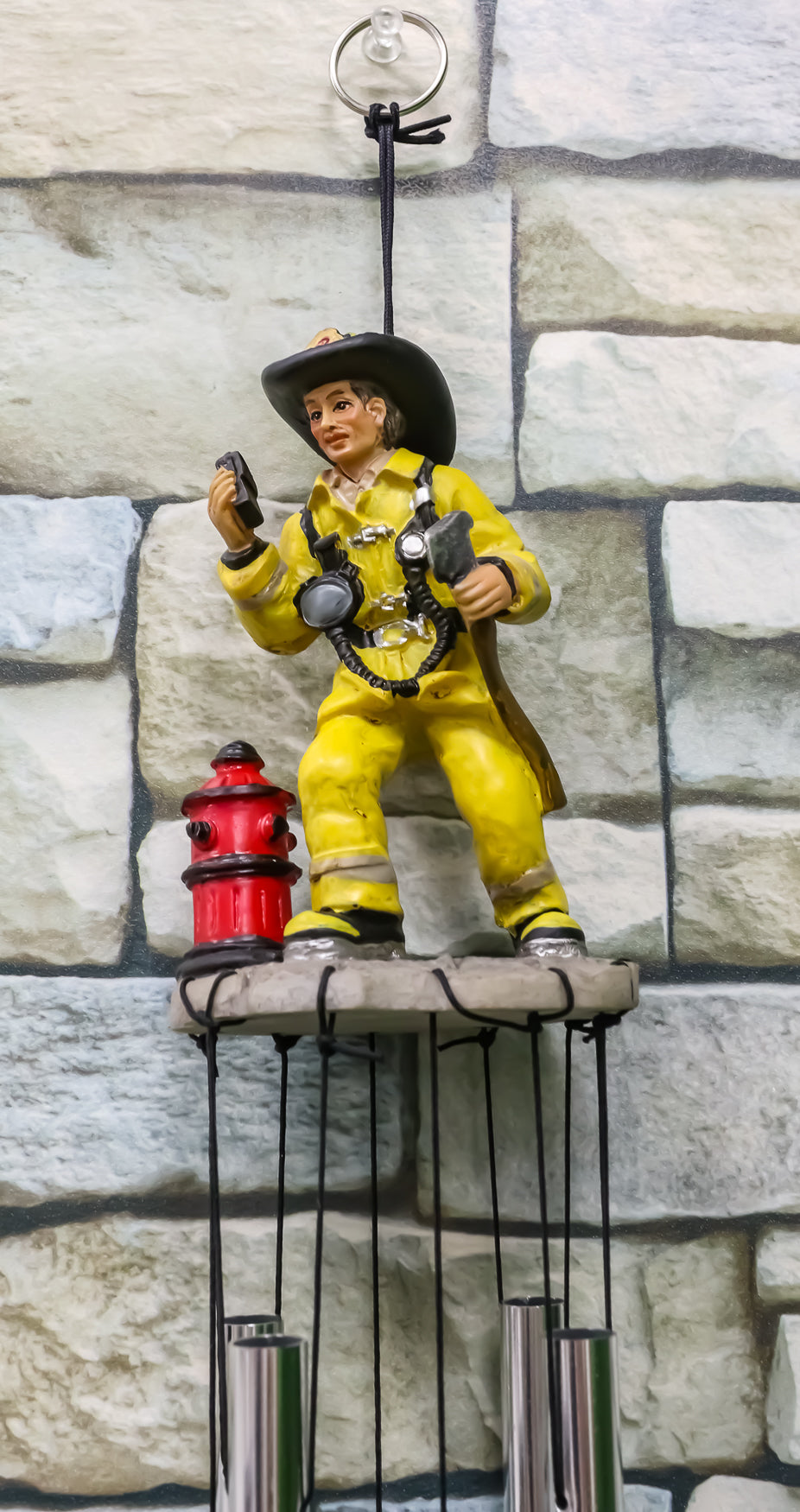 Ebros Gift Yellow Gear Outfit Fireman in Line of Duty with Axe and Red Hydrant Resonant Relaxing Wind Chime Patio Garden Accent of Fire Fighters Hydrants 911 Emergency Civil Service - Ebros Gift