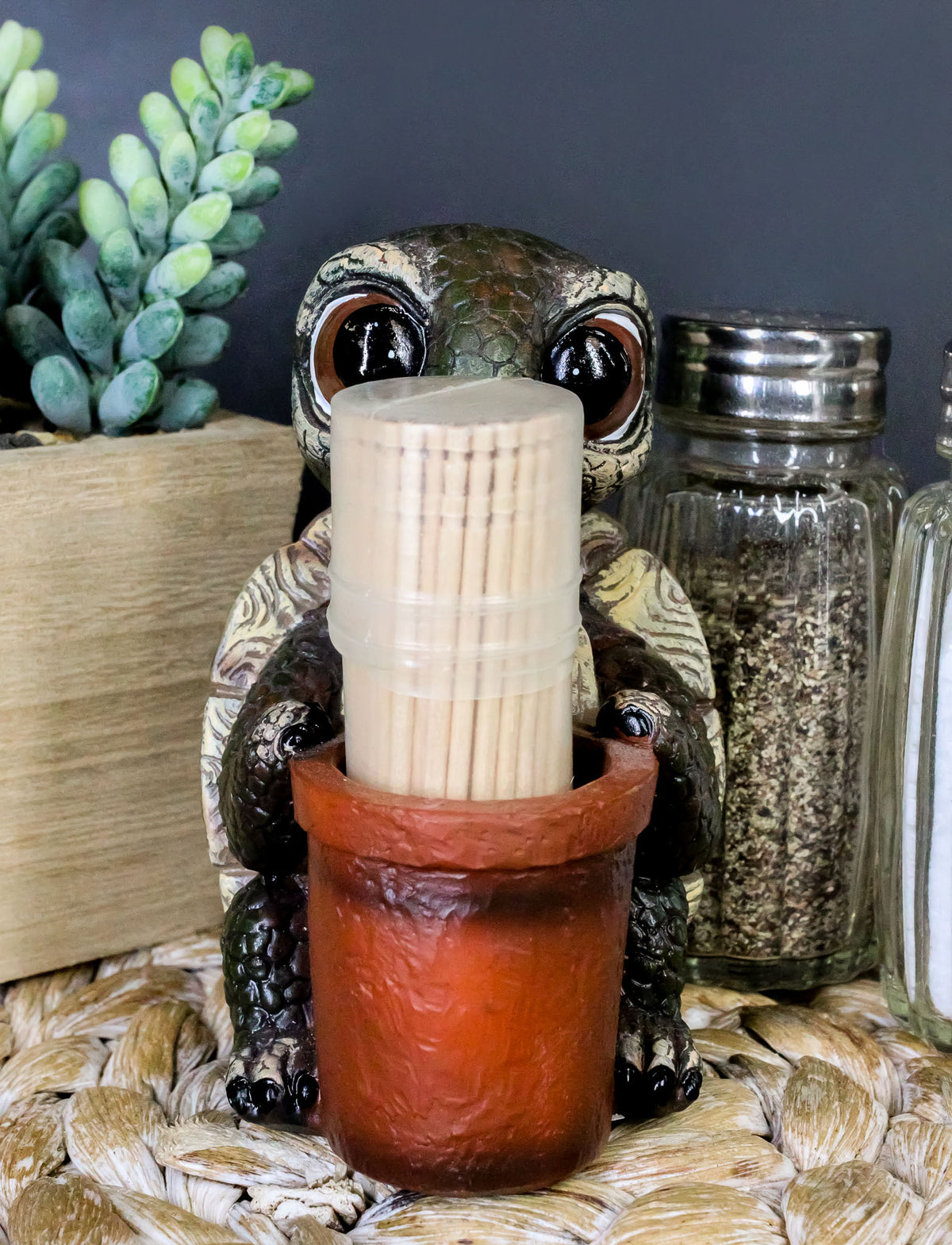 River Baby Tortoise Holding A Bucket Toothpick Holder Figurine With Toothpicks