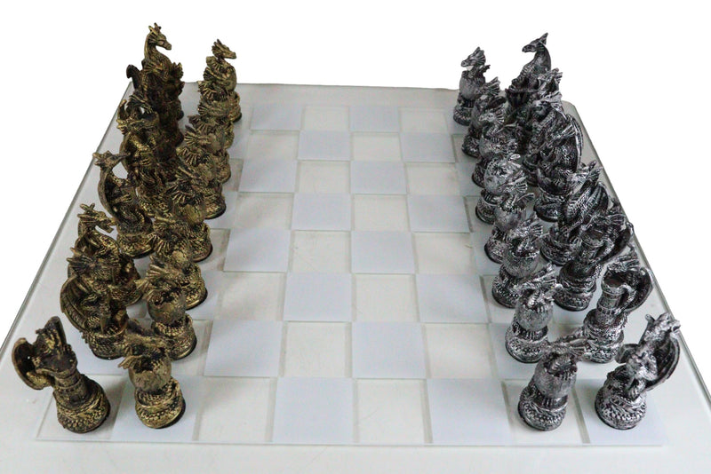 Ebros Fantasy Dragon Dungeon Kingdoms Resin Chess Pieces With Glass Board Set