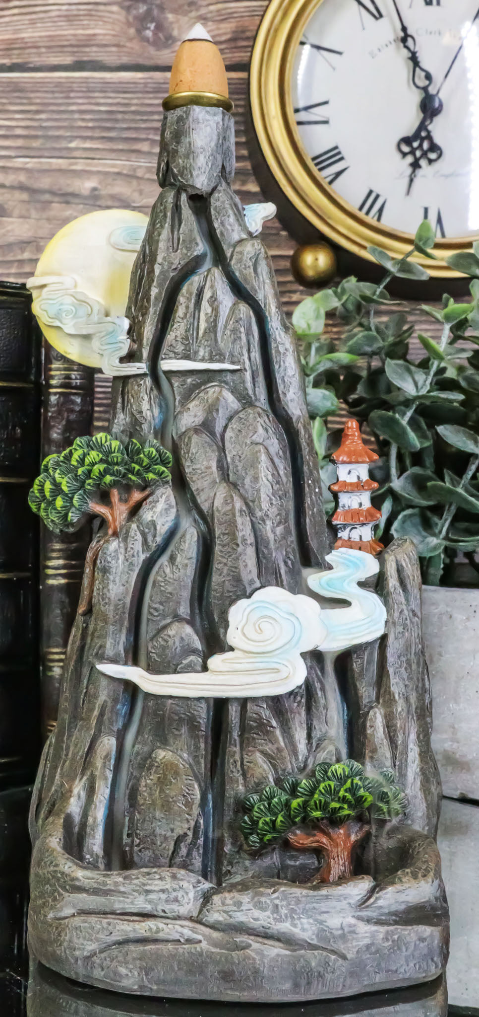 Feng Shui Rocky Mountain Top Buddhist Pagoda Temple Backflow Cone Incense Holder
