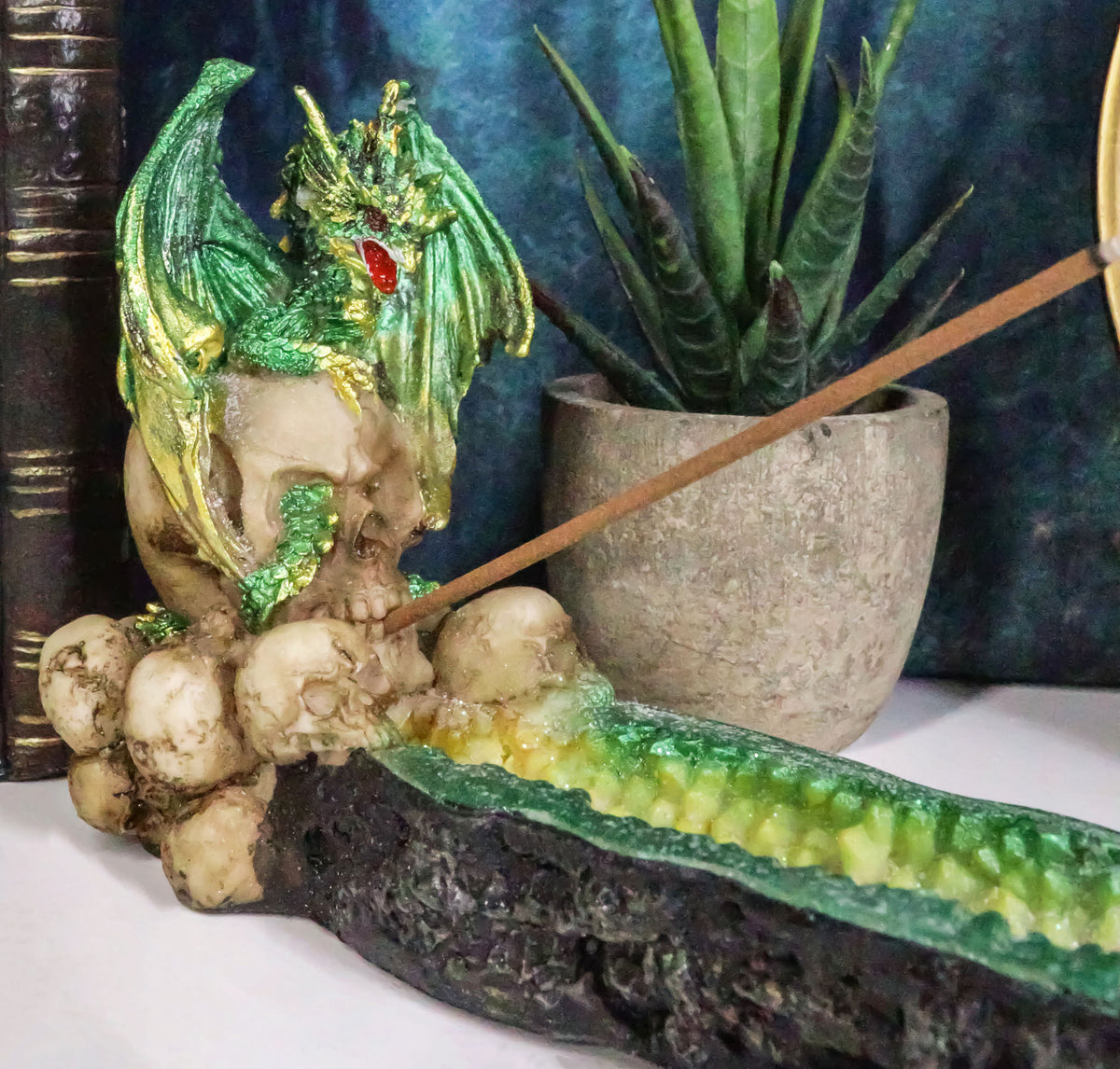 Ebros Green Dragon on Skull Stick Incense Burner 10.75" Length Functional Decor - Ebros Gift