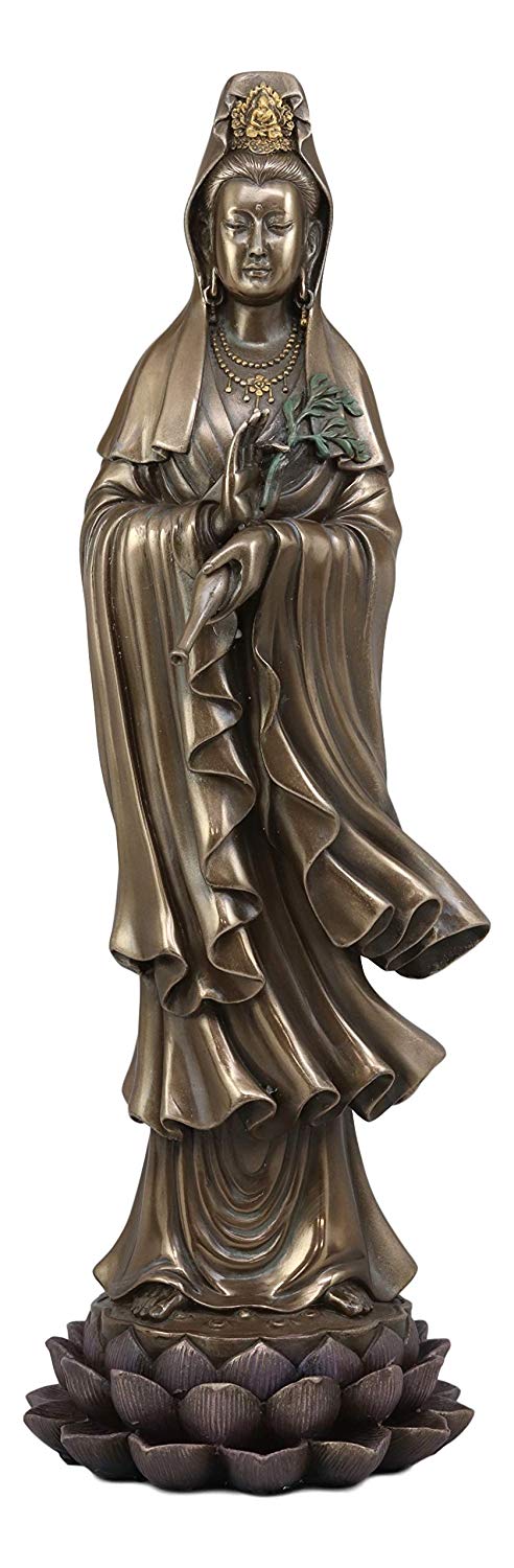 Ebros Large Bodhisattva Kuan Yin in Vitarka Mudra Hand Pose Standing On Lotus Flower Statue 16.25" Tall