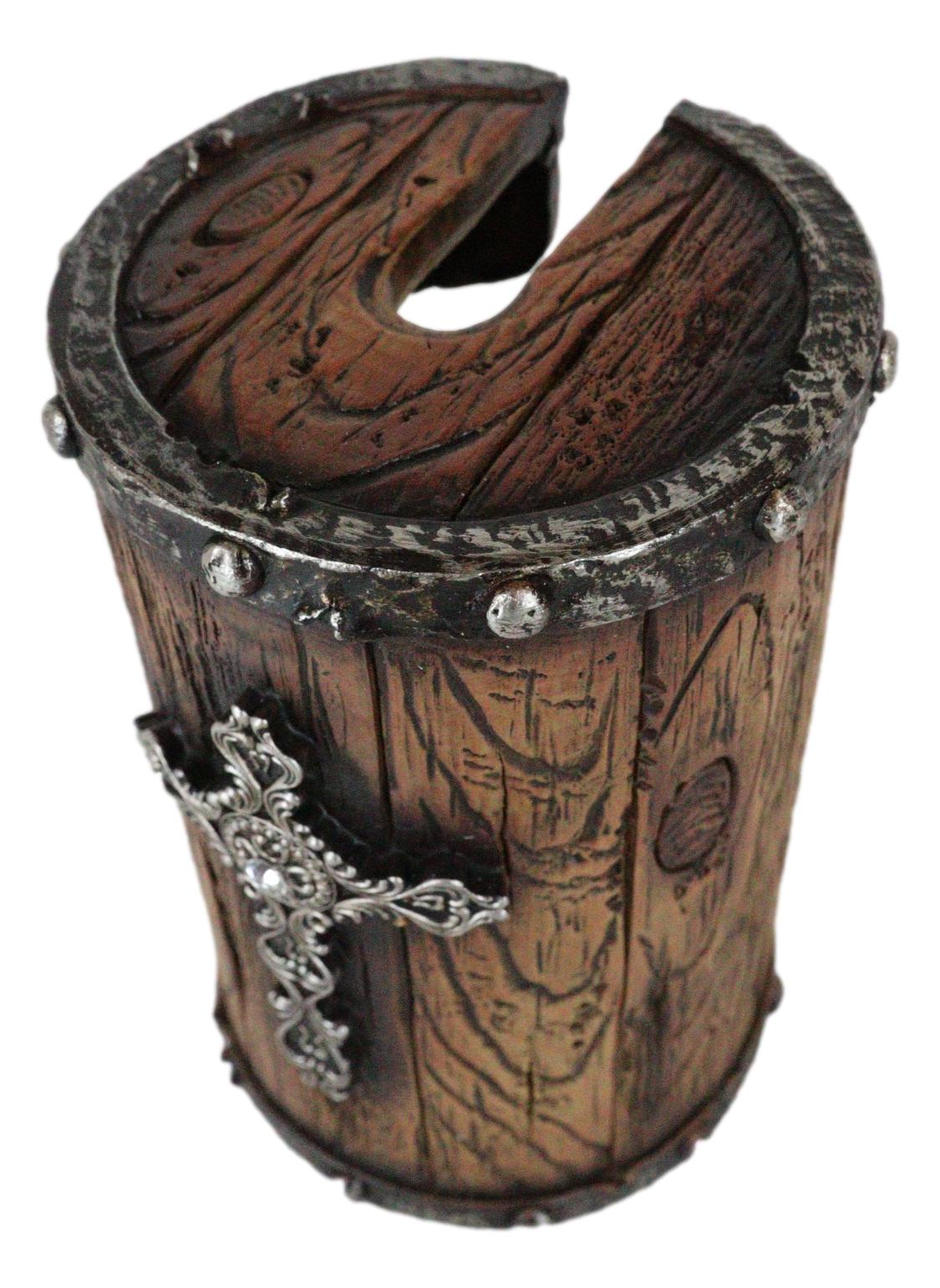 Country Rustic Western Silver Scroll Cross Faux Wood Toilet Brush And Holder Set