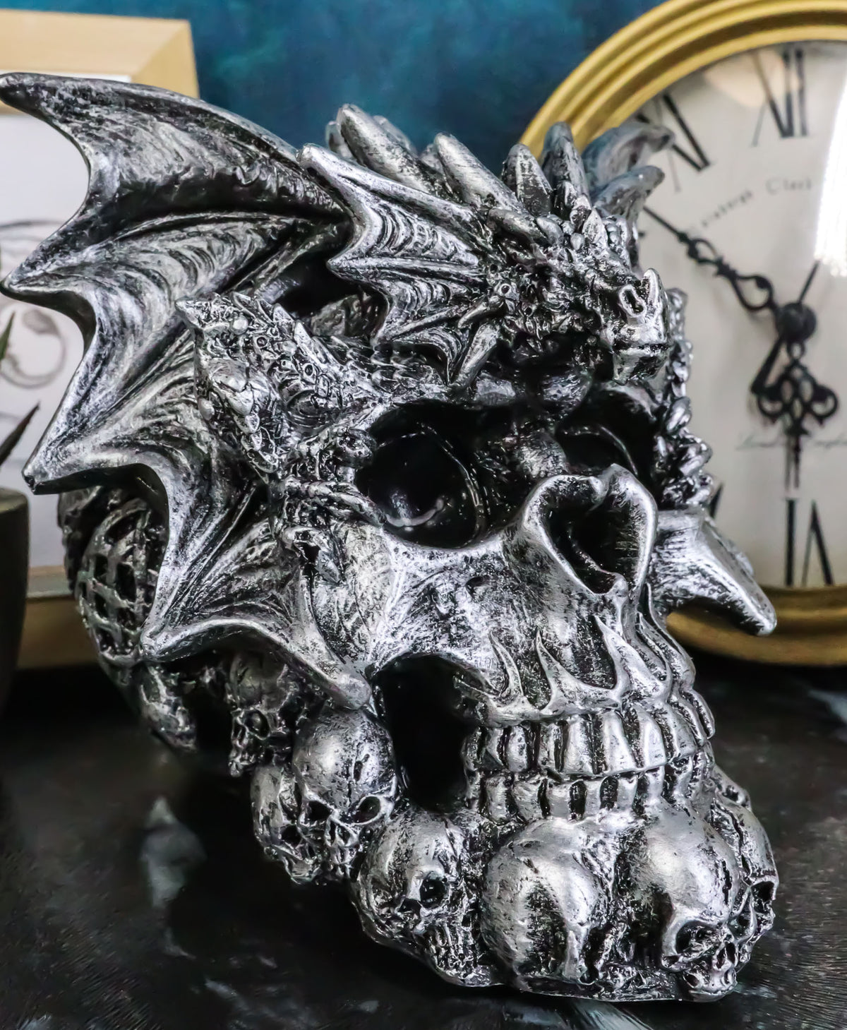 Flying Dragon On Ossuary Morphing Skull with Celtic Tribal Patterns Figurine - Ebros Gift