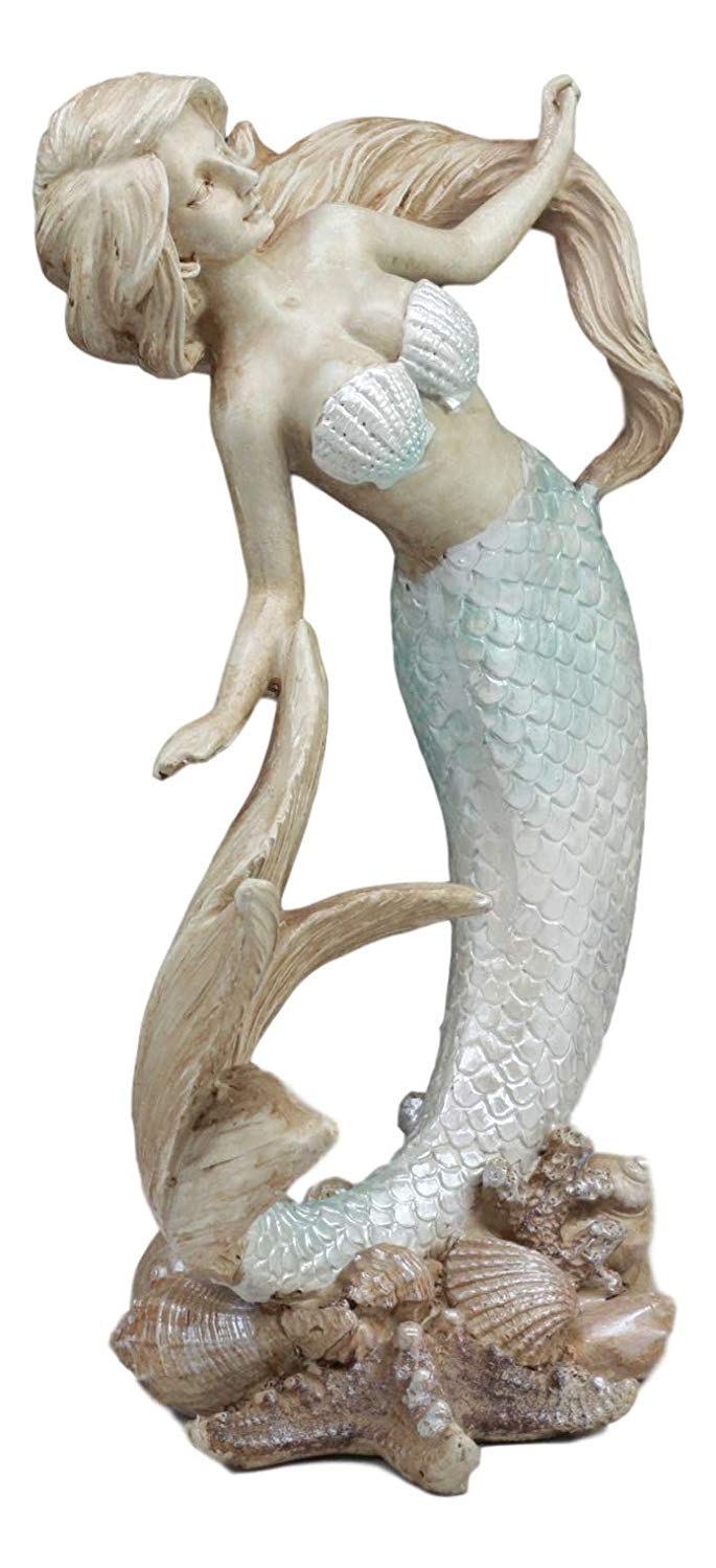 Ebros Large Art Nouveau Siren Mermaid Waking Up by Shells and Corals Figurine 9.5" Tall Fantasy Sea Life Water Bay Coastal or Nautical Decor Statue