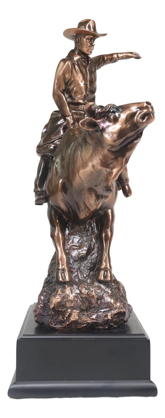 Wild Western Rodeo Cowboy With Bucking Bull Bronze Electroplated Statue - Ebros Gift