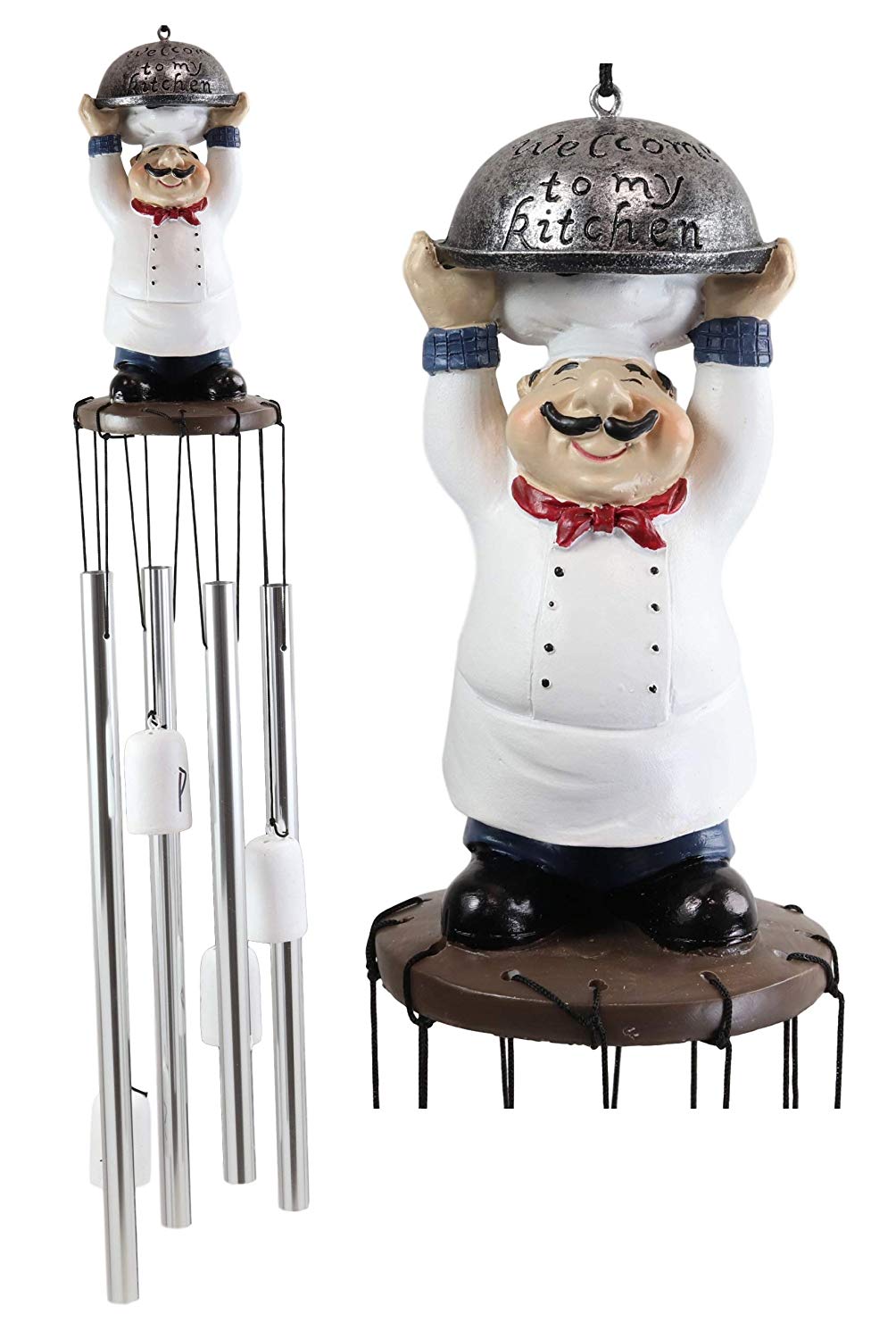 Ebros Gift Chef Cordon Bleu Lifting Cloche Dome Welcome to My Kitchen Figurine Crown Top Resonant Wind Chime with Miniature Ponies Ornaments for Garden Patio Home Decorative Accent Hospitality Cooks