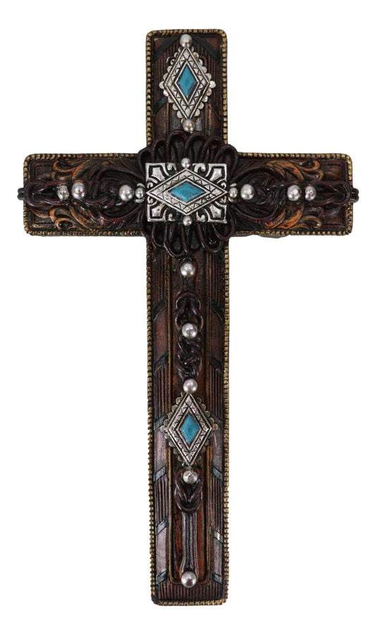 Rustic Western Turquoise Gems Silver Conchos Tooled Leather Wall Cross Decor - Ebros Gift