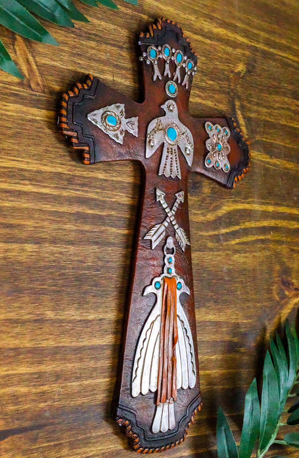 Rustic Aztec Mayan Indian Silver Bird Crossed Arrows Turquoise Stones Wall Cross