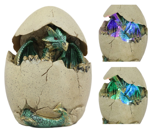 Emerging Green Dragon Egg Hatchling With Colorful LED Night Light Figurine Decor - Ebros Gift