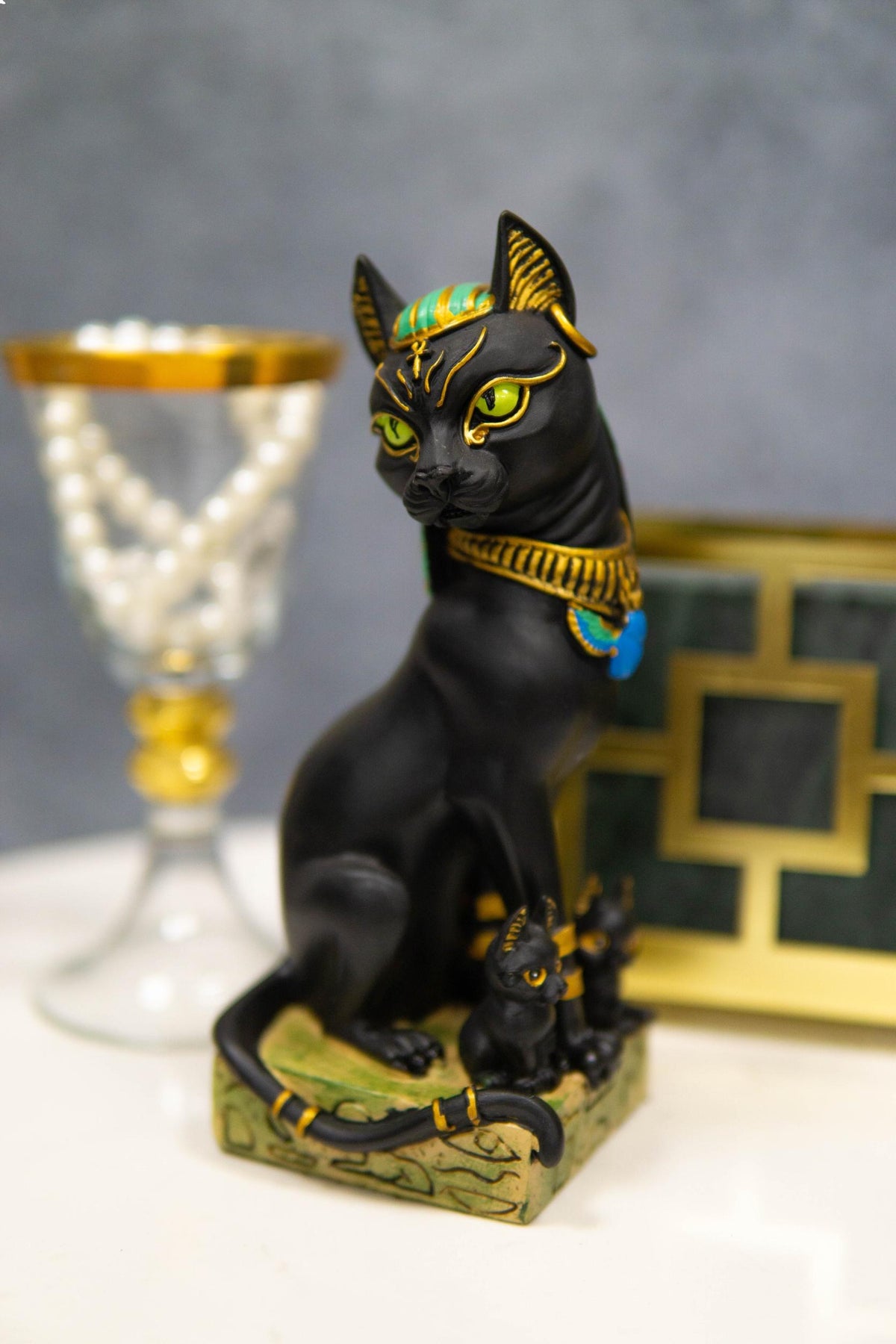 Egyptian Goddess Sitting Cat Bastet Mother With Kittens Statue in Vivid Colors