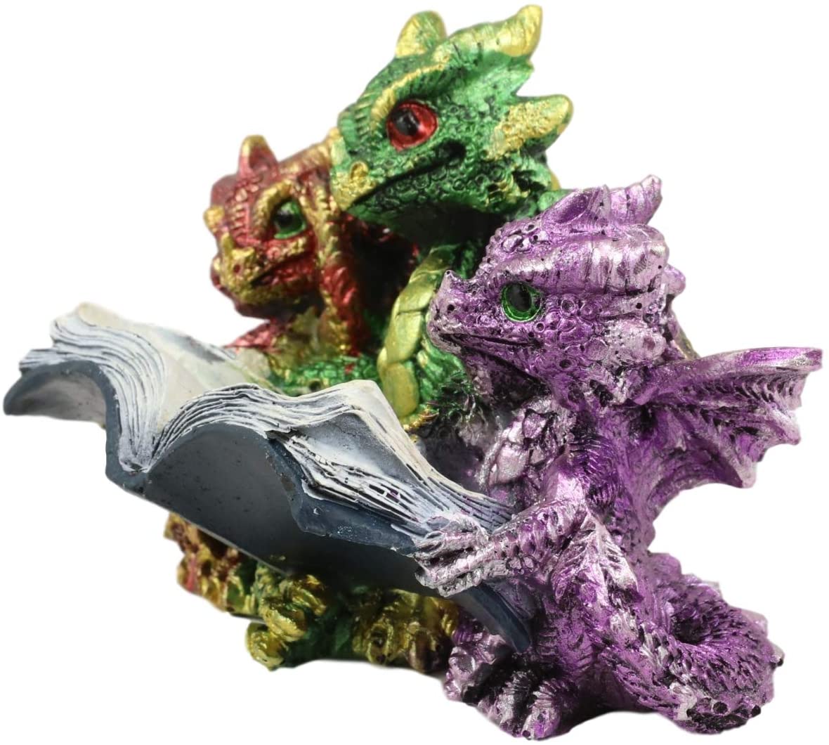 Ebros Metallic Three Bookworms Baby Dragons Reading Wyrmlings Figurine 3.25"H