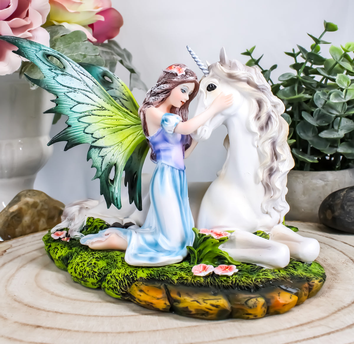 Beautiful Fae Goddess Fairy Princess With Rare Unicorn Friend Statue Magic Decor