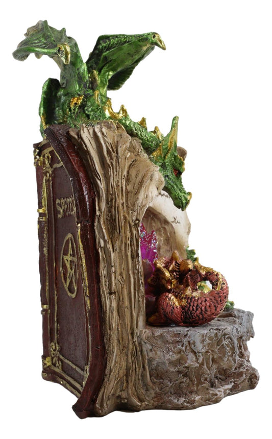 Ebros Green Dragon Wyrmling Perching On LED Crystals Book Of Spells Figurine