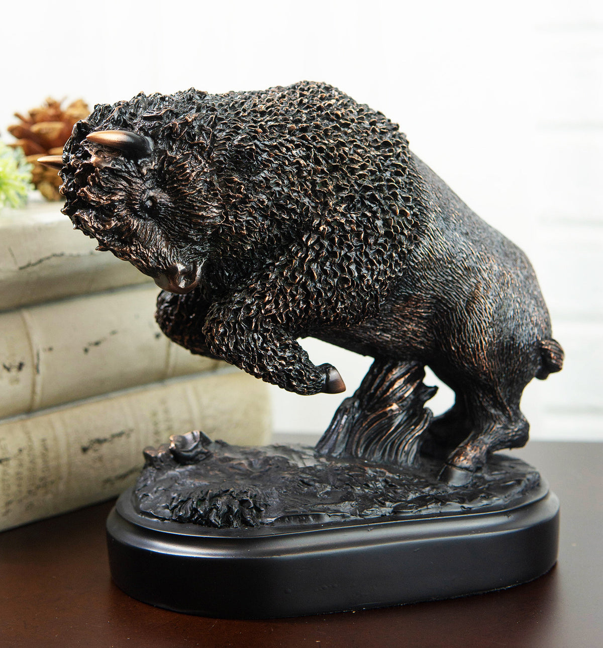 Rustic Western Charging American Buffalo Bison Bronze Electroplated Resin Statue - Ebros Gift