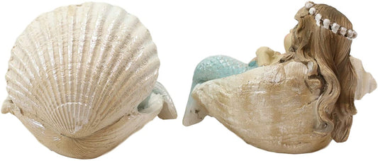 Ebros Mergirls with Blue Tail Mermaid Babies in Conch Shells Small Mini Set of 2