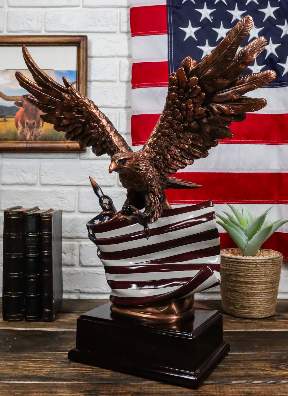 Patriotic Wings of Glory Bald Eagle With Old Faithful American Flag Figurine