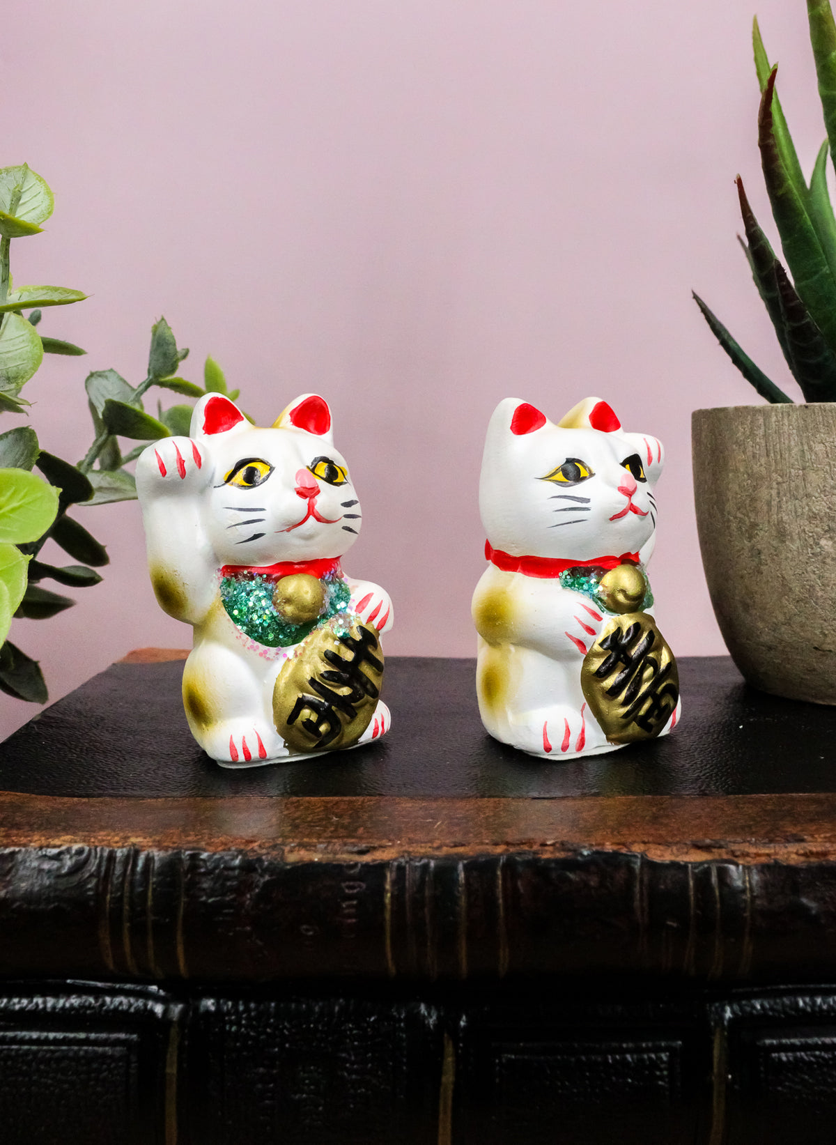 Ebros Japanese Luck and Fortune Charm White Beckoning Cat Maneki Neko Ceramic Figurines Set of 2 with Right and Left Paws Feng Shui Lucky Energy Cats Collectible Statues - Ebros Gift
