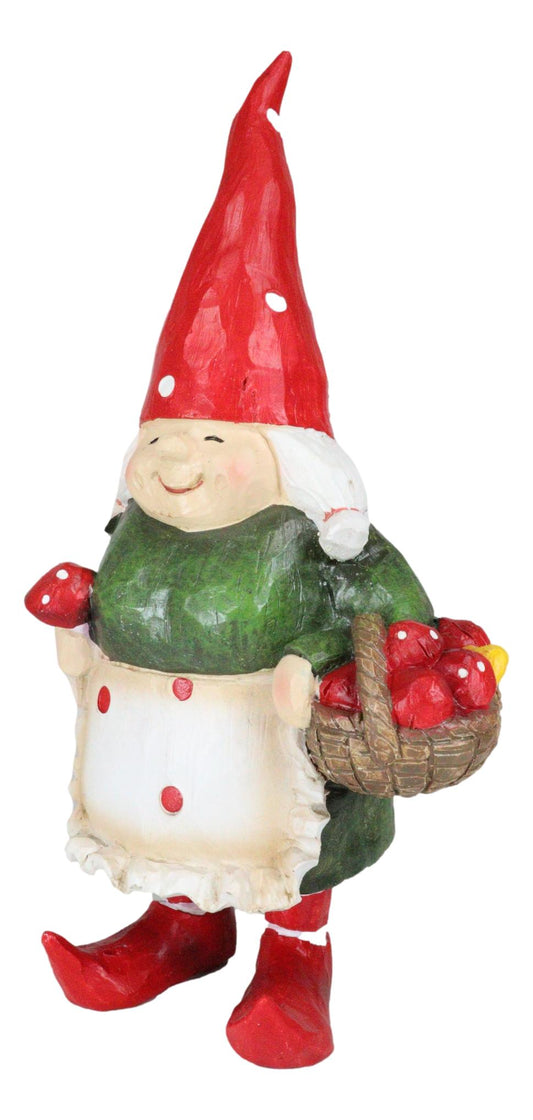 Whimsical Garden Mrs Gnome Grandmother With Toadstool Mushrooms Basket Statue - Ebros Gift