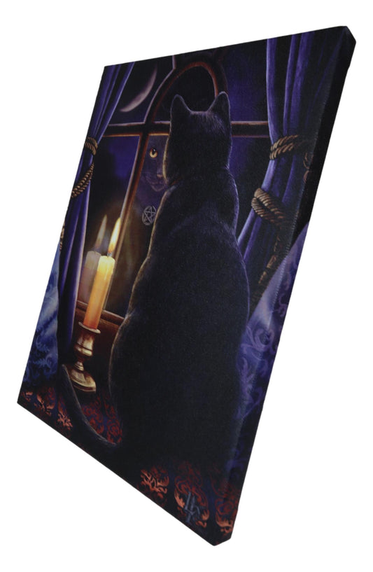 Midnight Vigil Black Cat By Window With Candle Wood Framed Canvas Wall Decor