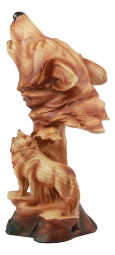Faux Wood Three Howling Wolves Rocky Wildlife Scene Statue Timber Wolves Decor