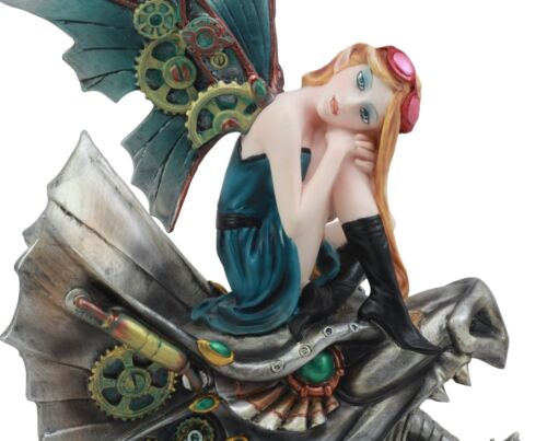 Steampunk Pilot Aviator Fairy Riding Mechanical Cyborg Dragon Head Statue 10"H