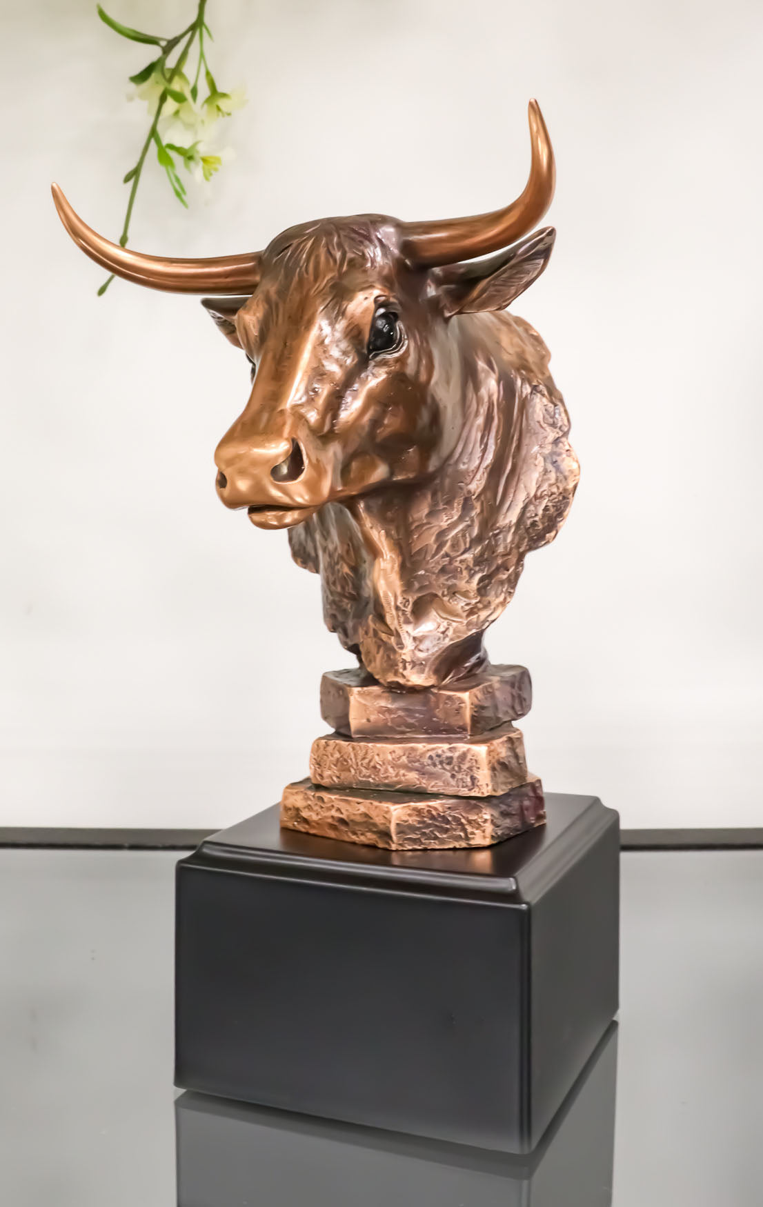 Wildlife Bull Bust Statue On Base Bronze Electroplated Figurine Stock Market