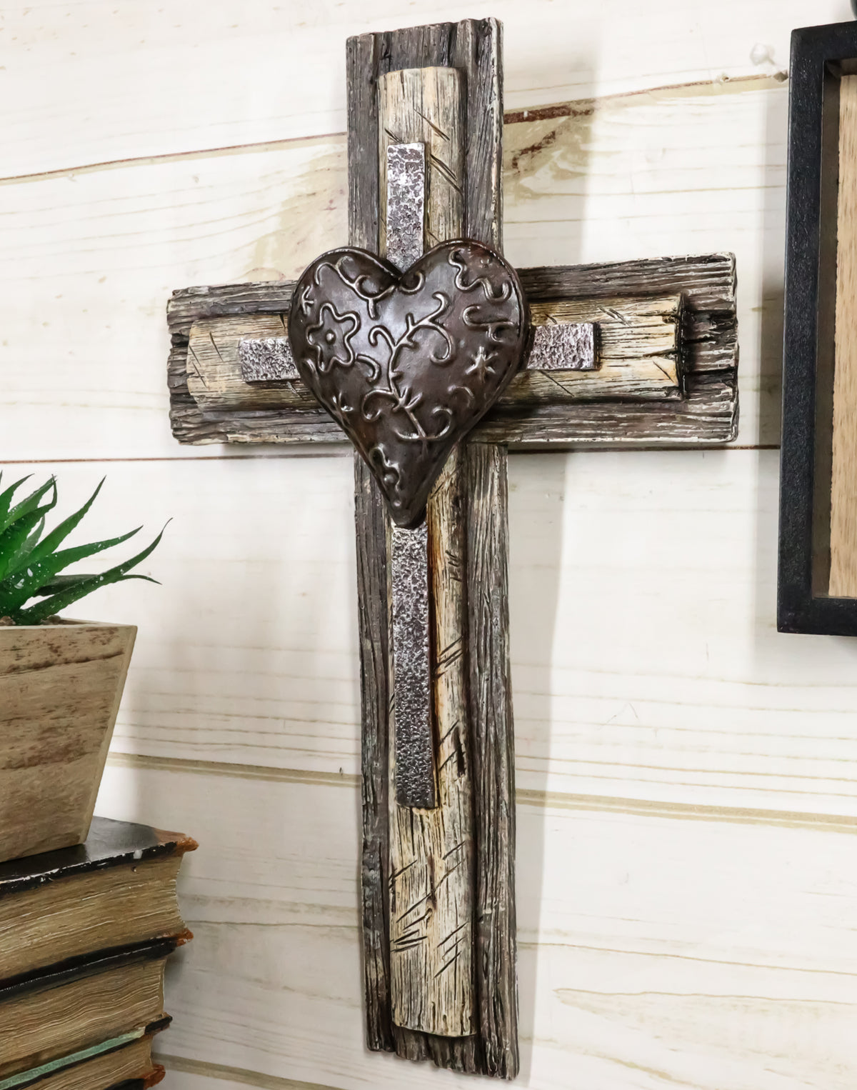 Rustic Western Tooled Metal Heart Faux Wooden Layered Wall Cross Decor Plaque