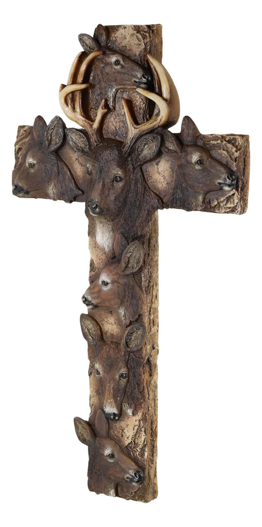 Rustic Western Wildlife Deer Stag with Antlers And Does Family Wall Cross Plaque