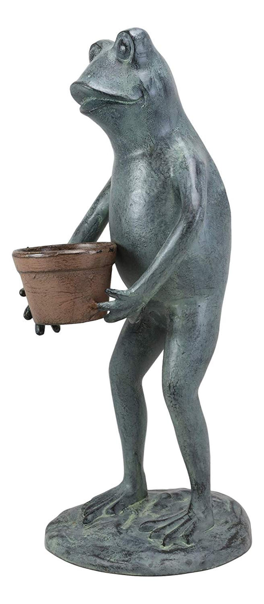 19"H Aluminum Green Thumb Whimsical Gardening Frog Carrying A Planter Pot Statue - Ebros Gift