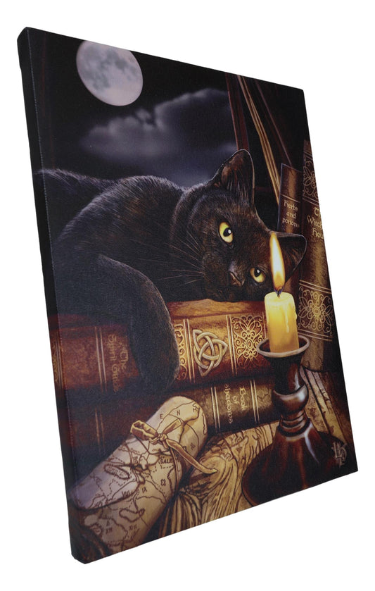 Witching Hour Black Cat By Candle And Spellbooks Wood Framed Canvas Wall Decor - Ebros Gift