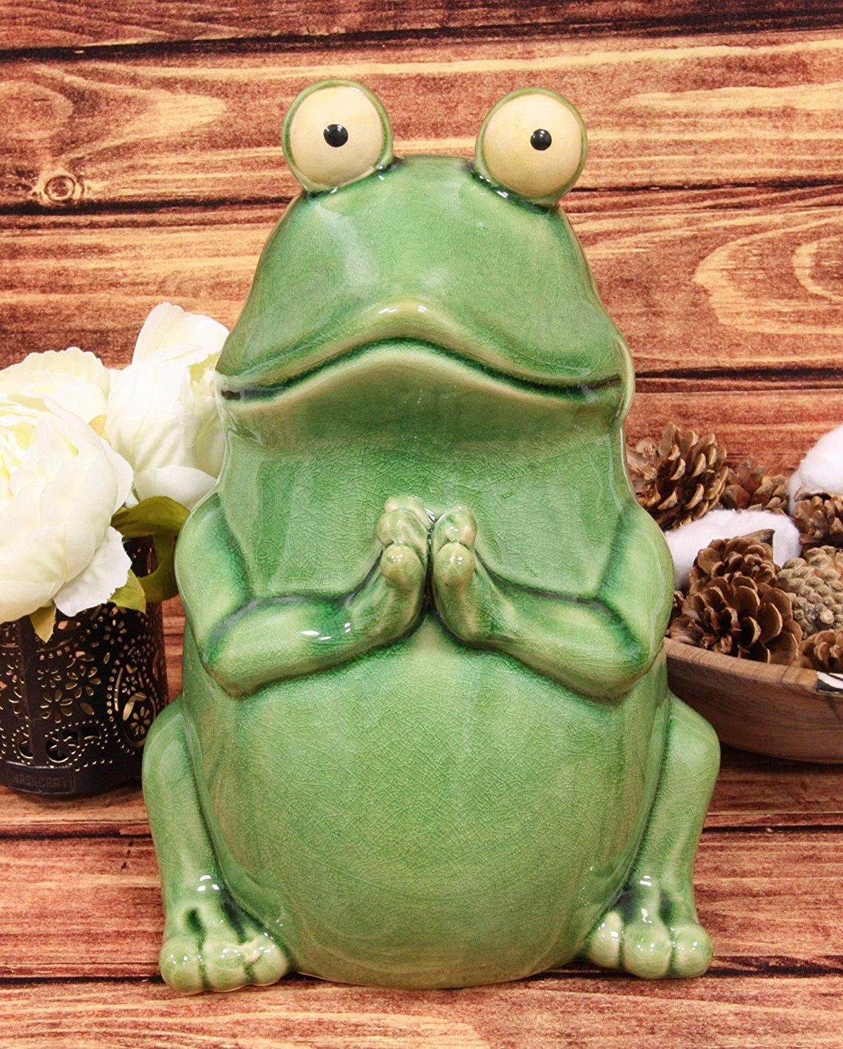 Ebros 11.25" Tall Lilypad Wishes Ceramic Whimsical Meditating Yoga Green Frog Home and Garden Statue Praying Frogs Decorative Sculpture Accent - Ebros Gift