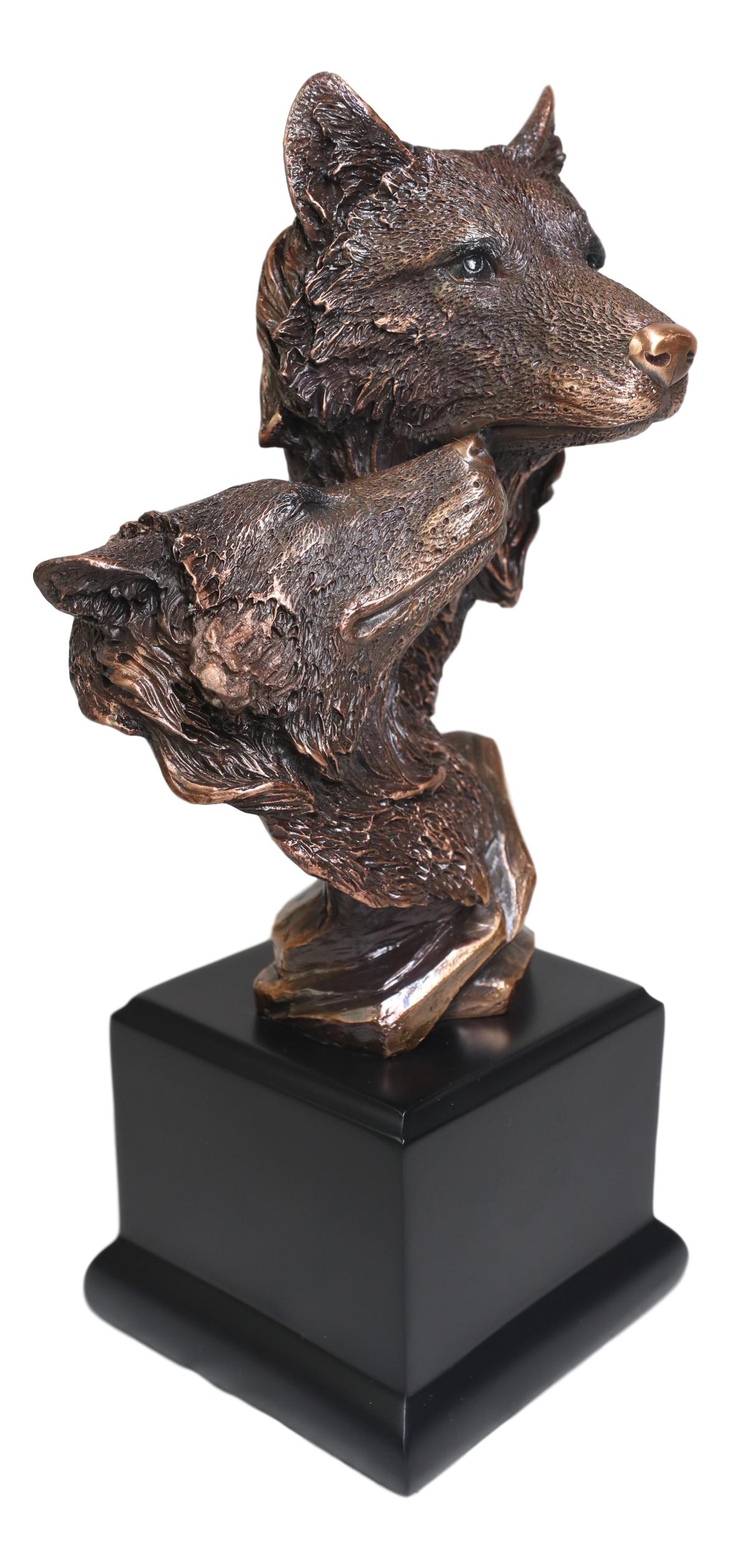 Ebros Forest Moonlight Lovers 2 Wolves Bust Bronze Electroplated Resin Statue - Ebros Gift