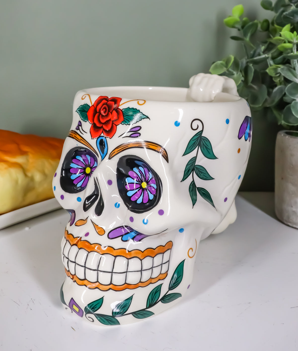 Ebros Gift White Tribal Day of The Dead Red Rose Sugar Skull Drink Coffee Mug Cup Ceramic 6.25"H - Ebros Gift