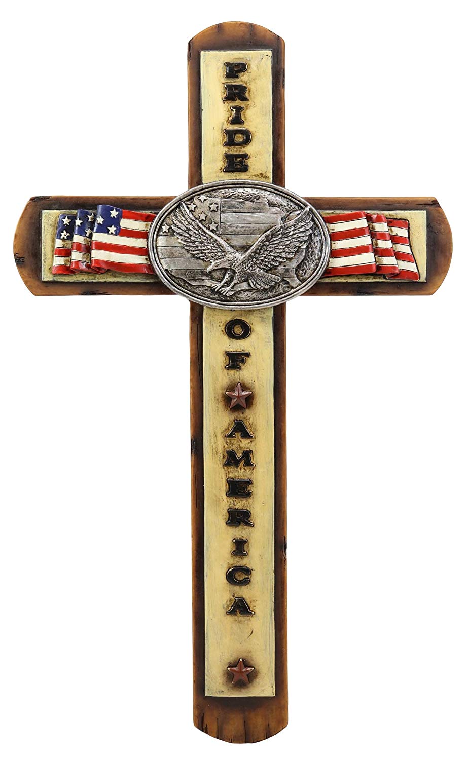 Ebros Gift Rustic Western Patriotic USA Flag With Silver Bald Eagle Emblem Pride Of America Wall Cross Decor Plaque Hanging Sculpture In Faux Wood 13.75"H Accent Decorative Crosses