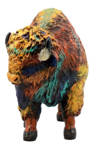 Ebros Gift Wild & Free Colorful American Bison Figurine 9.25" L Multi Color Rainbow Hand Painted Faux Wood - Ebros Gift