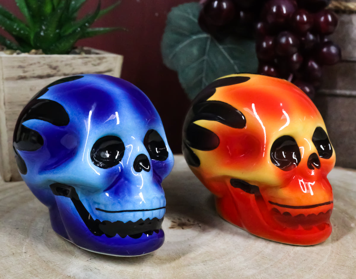 Hot Rod Flaming Inferno Skulls Ceramic Salt Pepper Shakers Fire El Diablo - Ebros Gift