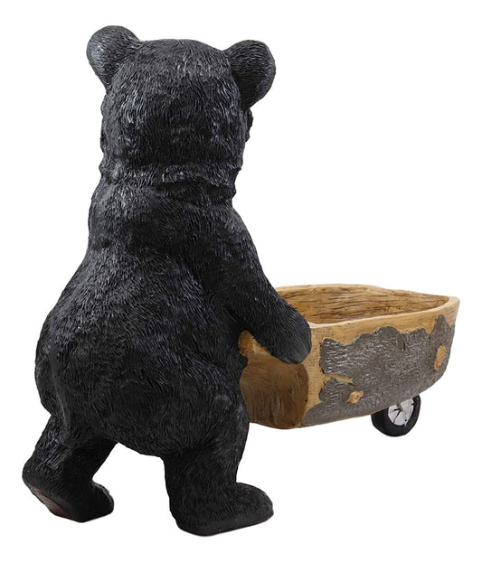 Ebros Gift Large Rustic Wildlife Black Bear Pushing Wheelbarrow Cart Flowers Or Plants Planter Statue 16.25" Long Decorative Bears Statue Cabin Lodge Mountain Lake Resort Gardening Accent Decor