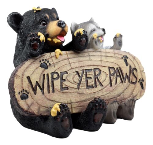 Ebros Black Bear & Raccoon Statue Wipe Your Paws Greeter Welcome Sign Home Decor