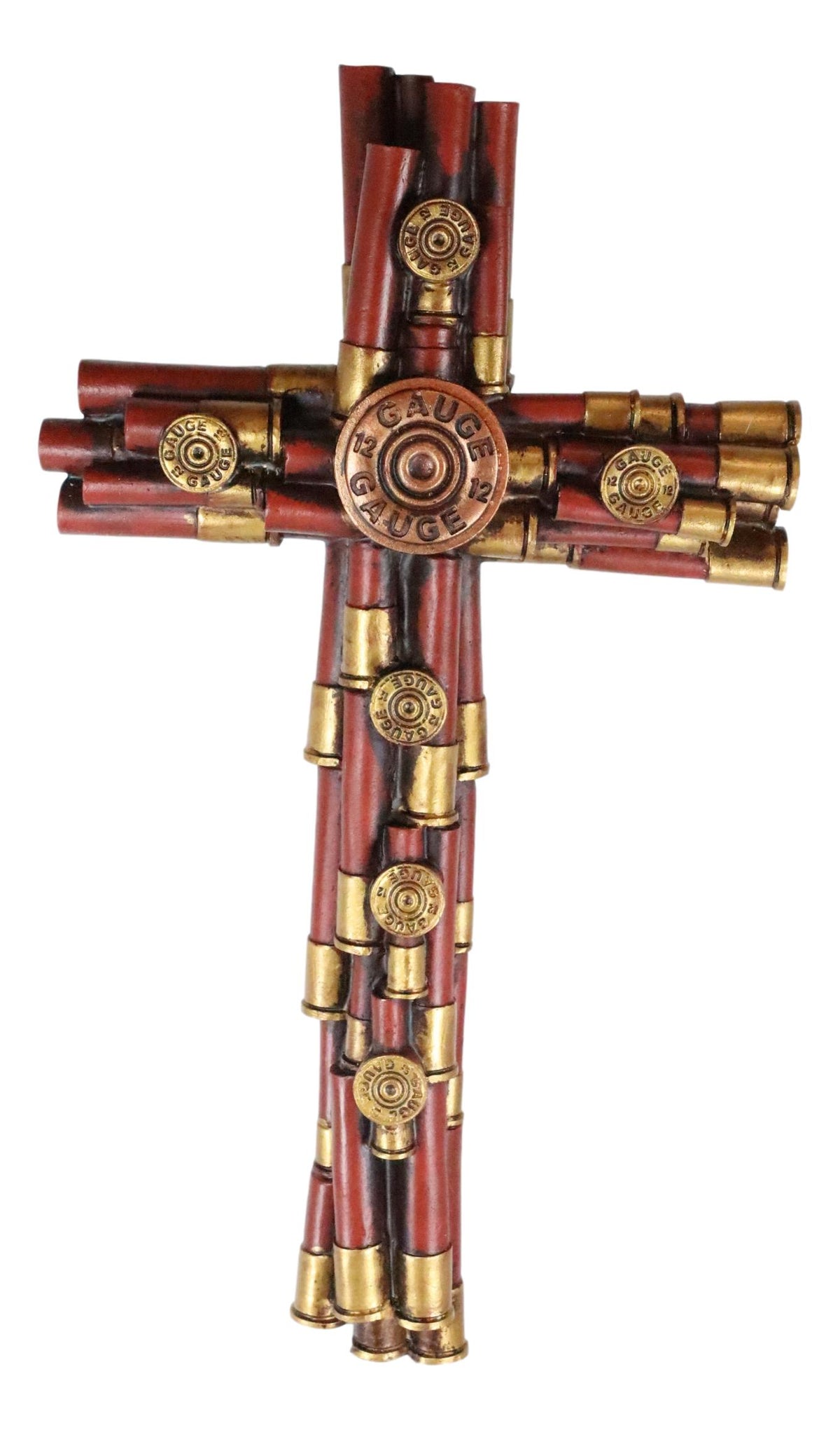 Rustic Western Piled Red And Gold 12 Gauge Shotgun Bullet Casings Wall Cross