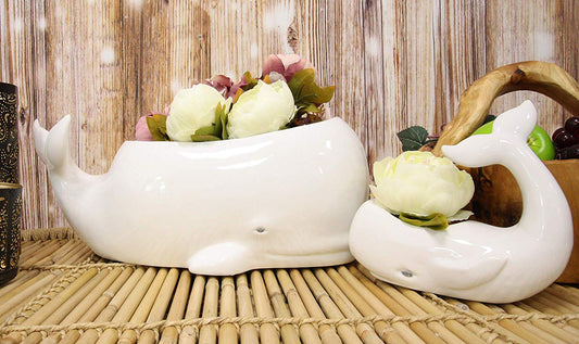 Ceramic White Nautical Sea Marine Sperm Whale Planter Pot Figurines Set Of 2