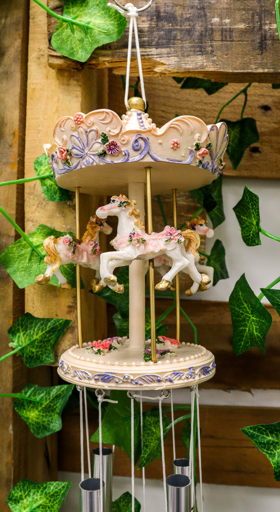 Pink Carnival Canopy Pony Horses Carousel Figurine Crown Top Resonant Wind Chime