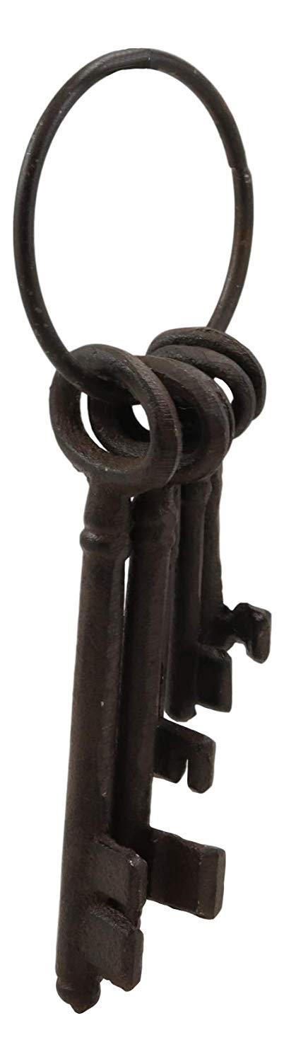 Ebros Gift Realistic Vintage Antique Design Cast Iron Jailor Keys Set of 5 in Different Sizes and Style On Ring Old World Halloween Costume Prop Pirate Skeleton Ship Jail Key Pack