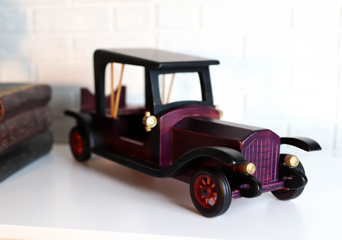 Hand Made Wood Retro Antique Style Purple Model T Sedan Car Wine Holder Figurine