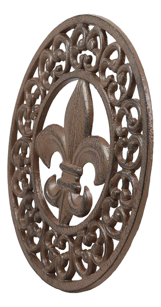 Ebros Rustic Vintage Design Round Fleur De Lis Medallion Cast Iron Trivet 10"Diameter - Ebros Gift