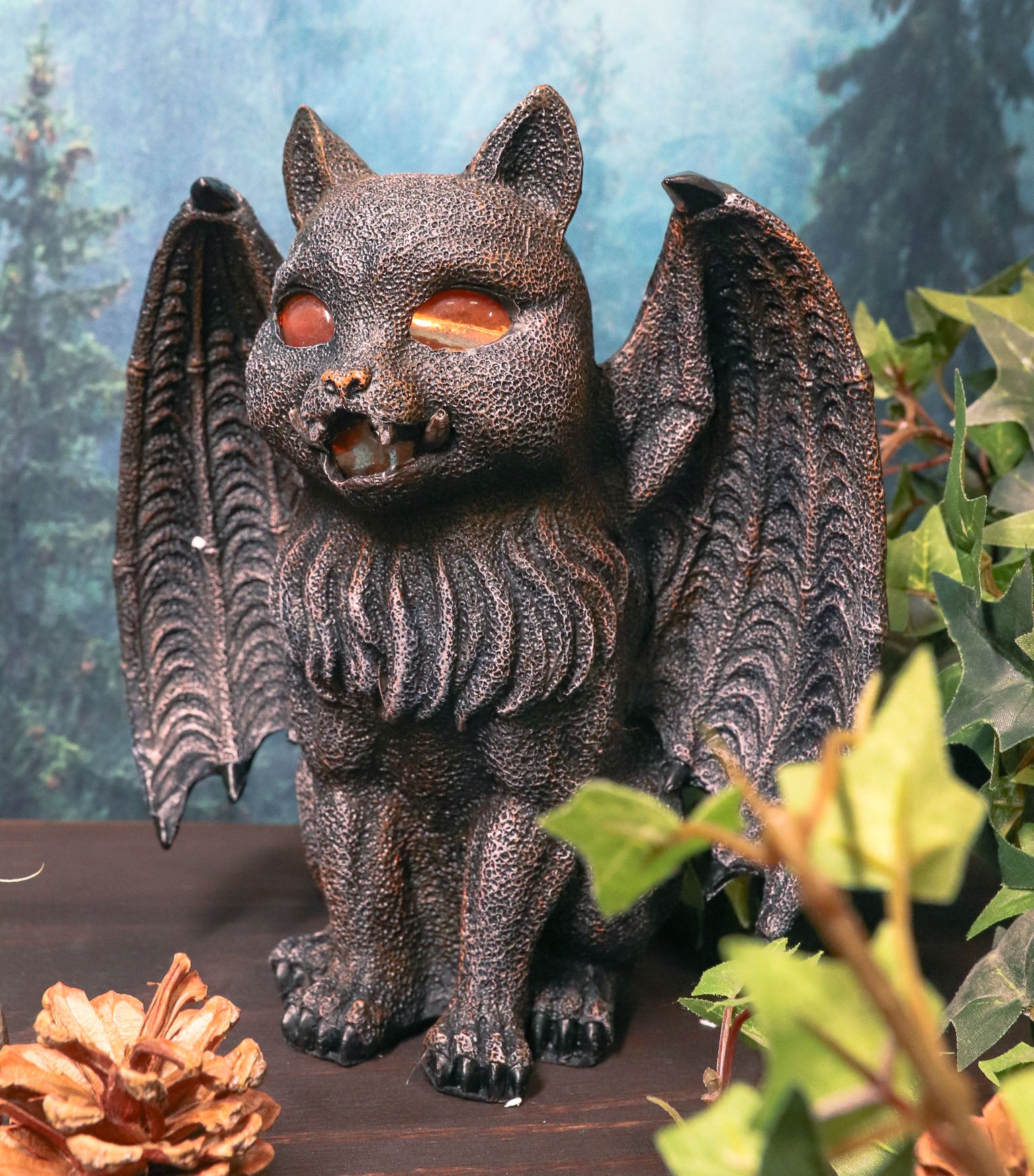 Ebros Winged Cat Gargoyle With Vampire Fangs Glowing Eyes Candle