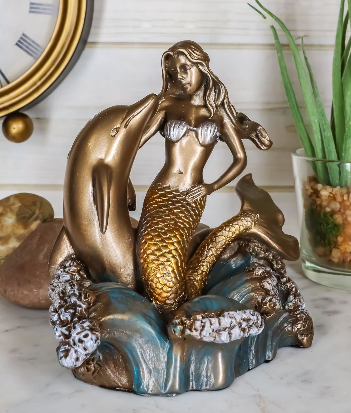 Ebros Mermaid Embracing Dolphin By Ocean Waves Statue 4.5"L Nautical Decor