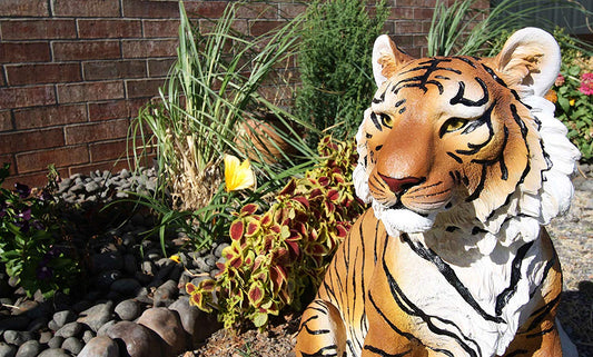 20"Tall Orange Bengal Tiger Raja Sitting On Guard Decorative Garden Statue - Ebros Gift